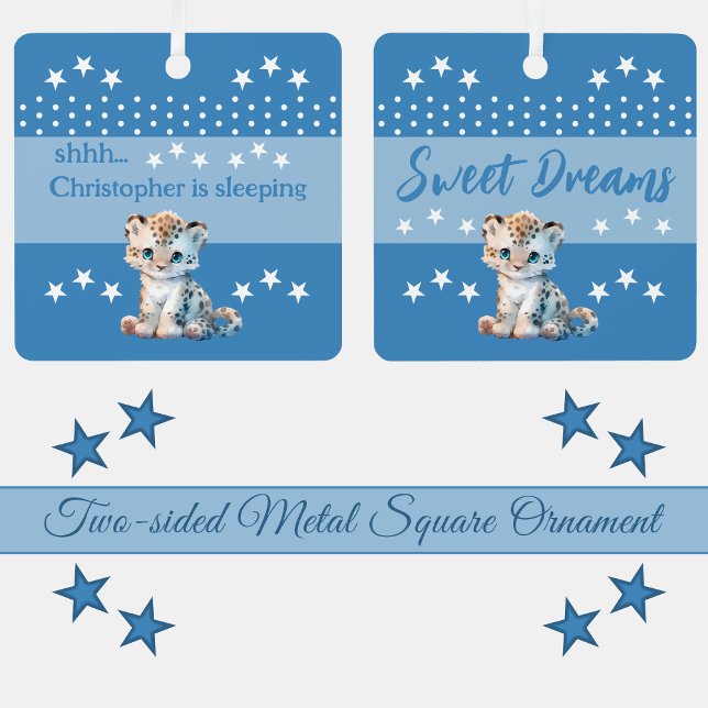 Cute leopard shhh add name is sleeping blue metal tree decoration (Creator Uploaded)