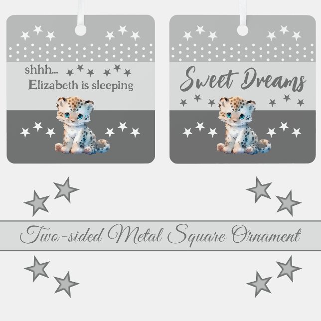 Cute leopard shhh add name is sleeping grey metal tree decoration (Creator Uploaded)