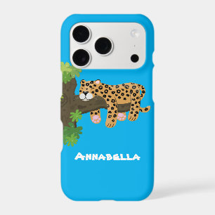 Cute leopard sleeping in tree cartoon illustration