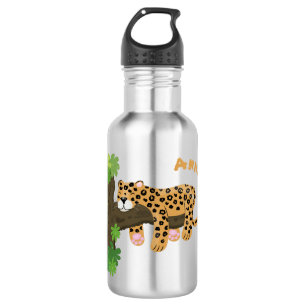Cute leopard sleeping in tree cartoon illustration 532 ml water bottle