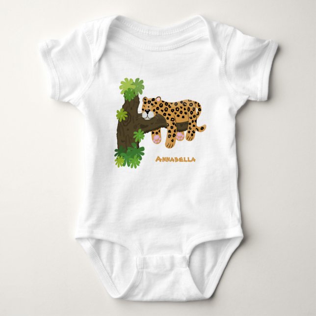 Cute leopard sleeping in tree cartoon illustration baby bodysuit (Front)