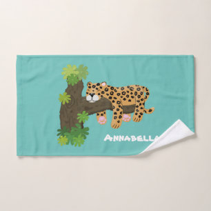 Cute leopard sleeping in tree cartoon illustration bath towel set