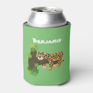 Cute leopard sleeping in tree cartoon illustration can cooler
