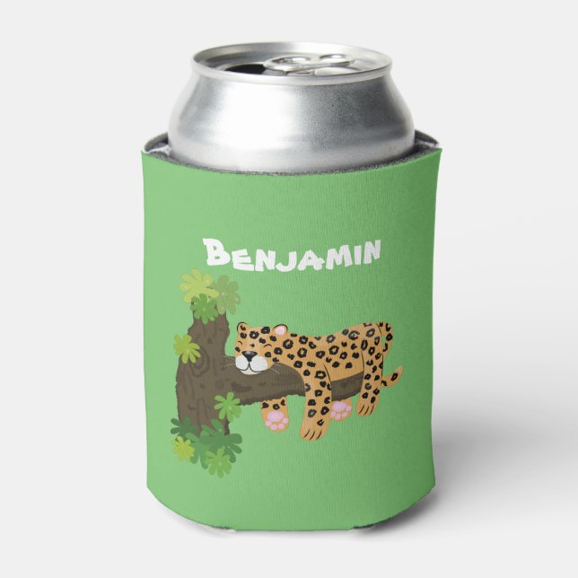 Cute leopard sleeping in tree cartoon illustration can cooler (Can Front)
