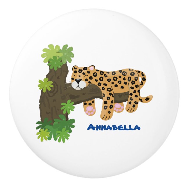 Cute leopard sleeping in tree cartoon illustration ceramic knob (Front)