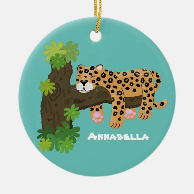 Cute leopard sleeping in tree cartoon illustration ceramic tree decoration (Front)