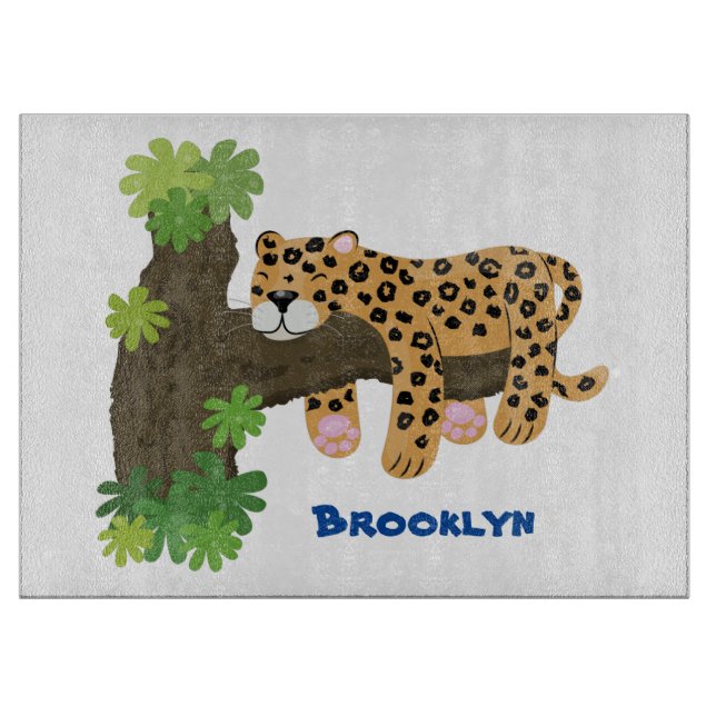 Cute leopard sleeping in tree cartoon illustration cutting board (Front)