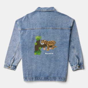 Cute leopard sleeping in tree cartoon illustration denim jacket
