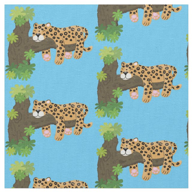 Cute leopard sleeping in tree cartoon illustration fabric (Close Up)