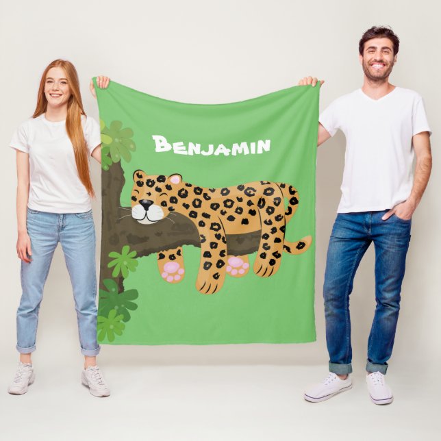 Cute leopard sleeping in tree cartoon illustration fleece blanket (In Situ)
