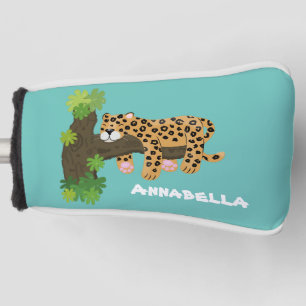 Cute leopard sleeping in tree cartoon illustration golf head cover