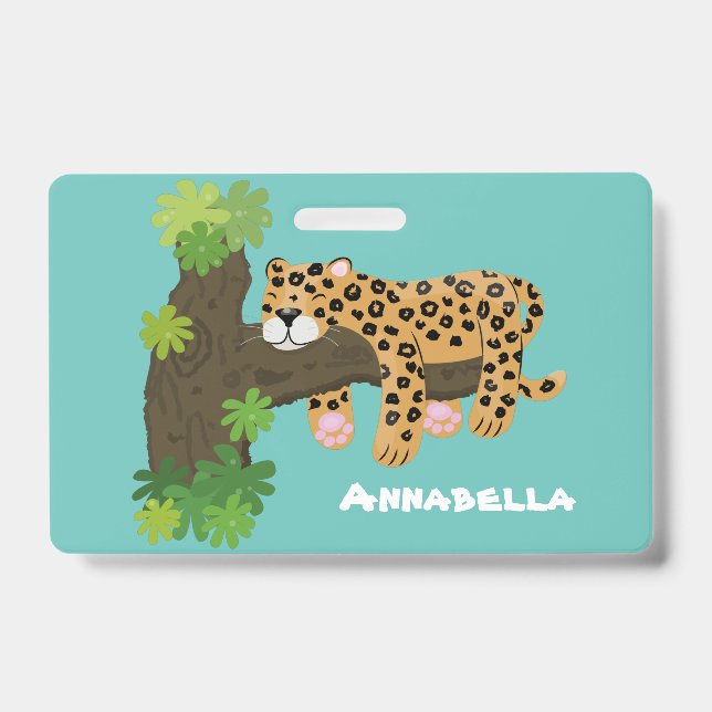 Cute leopard sleeping in tree cartoon illustration ID badge (Front)