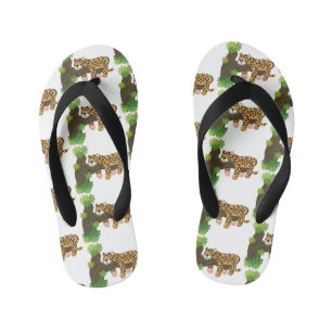 Cute leopard sleeping in tree cartoon illustration kid's jandals