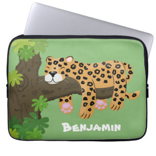 Cute leopard sleeping in tree cartoon illustration laptop sleeve