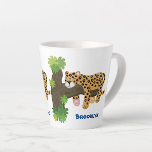 Cute leopard sleeping in tree cartoon illustration latte mug