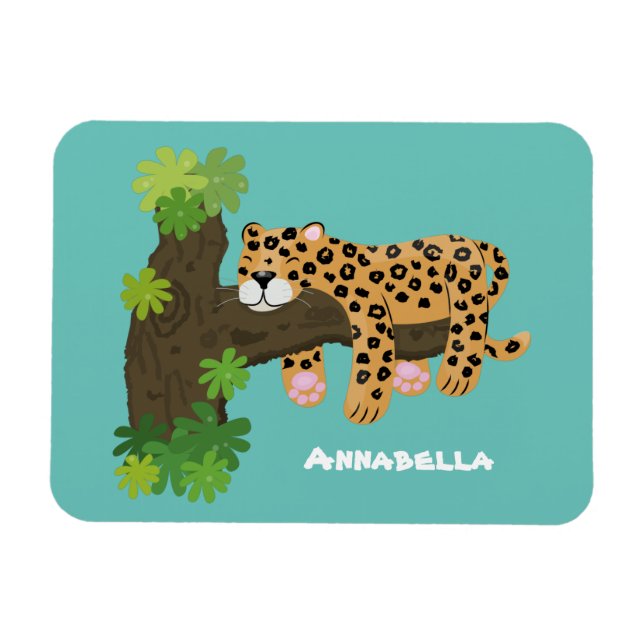 Cute leopard sleeping in tree cartoon illustration magnet (Horizontal)