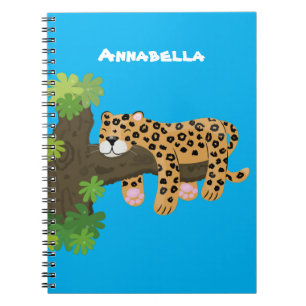 Cute leopard sleeping in tree cartoon illustration notebook