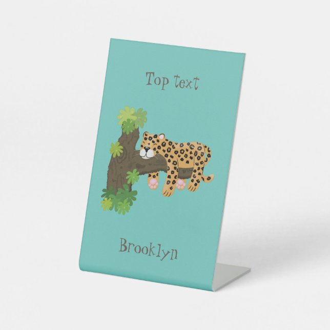 Cute leopard sleeping in tree cartoon illustration pedestal sign (Front)