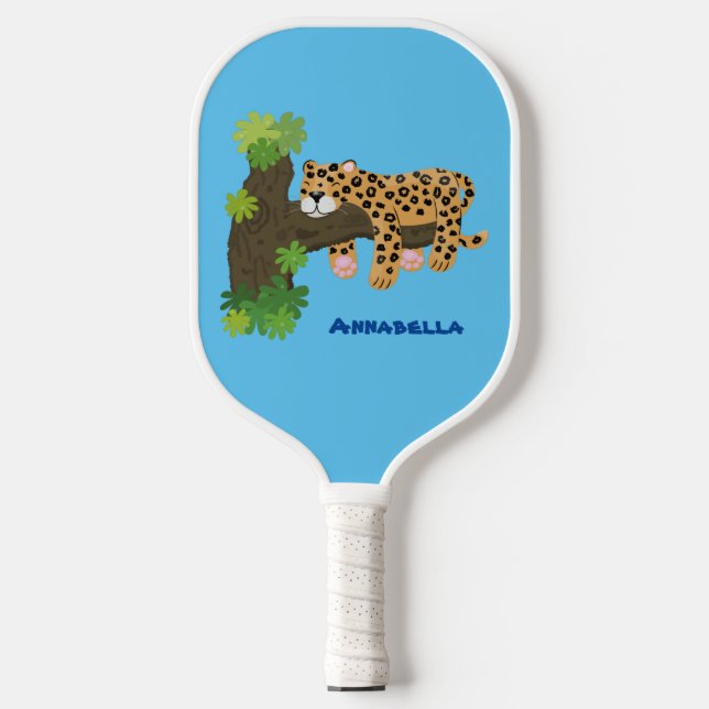 Cute leopard sleeping in tree cartoon illustration pickleball paddle (Front)