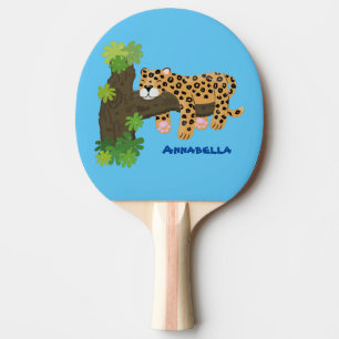 Cute leopard sleeping in tree cartoon illustration ping pong paddle