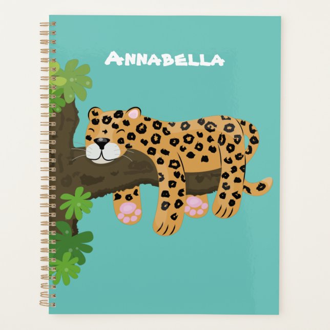 Cute leopard sleeping in tree cartoon illustration planner (Front)