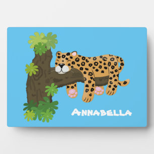 Cute leopard sleeping in tree cartoon illustration plaque