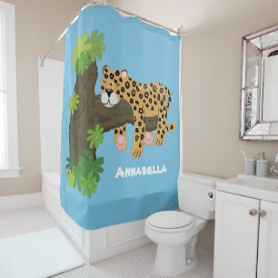 Cute leopard sleeping in tree cartoon illustration shower curtain