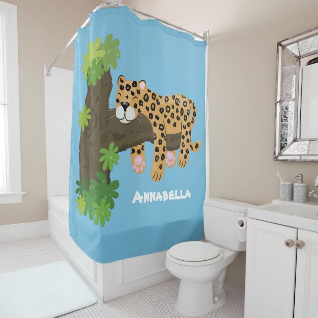 Cute leopard sleeping in tree cartoon illustration shower curtain (In Situ)