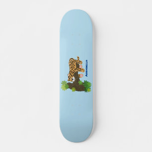 Cute leopard sleeping in tree cartoon illustration skateboard