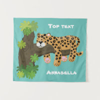 Cute leopard sleeping in tree cartoon illustration