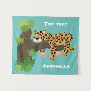 Cute leopard sleeping in tree cartoon illustration tapestry