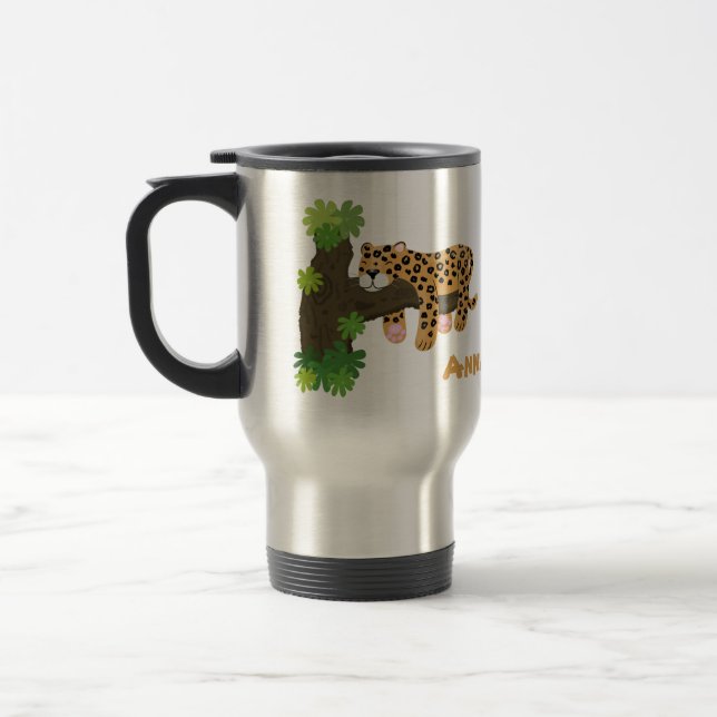 Cute leopard sleeping in tree cartoon illustration travel mug (Left)