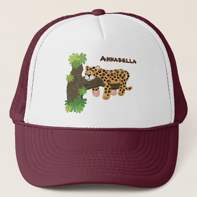 Cute leopard sleeping in tree cartoon illustration trucker hat (Front)