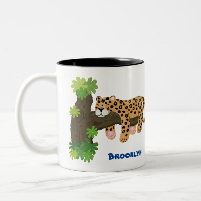 Cute leopard sleeping in tree cartoon illustration Two-Tone coffee mug (Left)