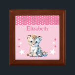 Cute leopard stars add name pink keepsake gift box<br><div class="desc">Keepsake Gift Box for children.
Personalise with a name.
Featuring a cute leopard,  polka dots and stars with the colours pink and white.</div>