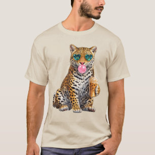 Cute Leopard with Iced Coffee Heart Sunglasses gum T-Shirt