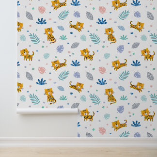 Cute Leopards with jungle leafs white Wallpaper