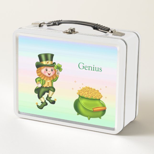 Cute leprechaun & calligraphy on pastel colours metal lunch box (Front)
