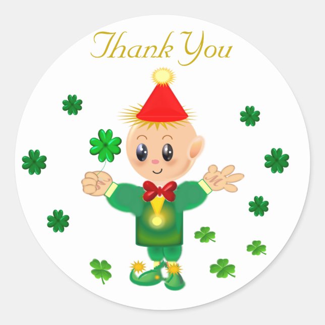Cute leprechaun & lucky shamrocks Thank You  Classic Round Sticker (Front)