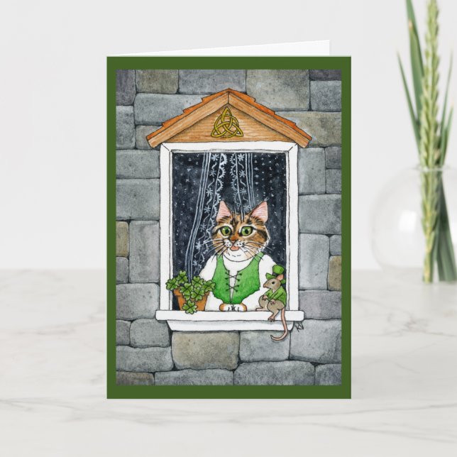 Cute Leprechaun Mouse, Cat, St Paddy's Day, Spring Holiday Card (Front)