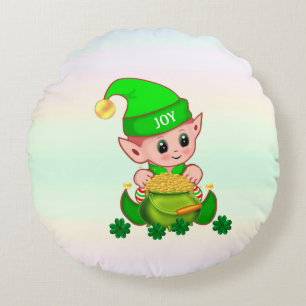 Cute leprechaun, pot of gold & lucky shamrocks round cushion