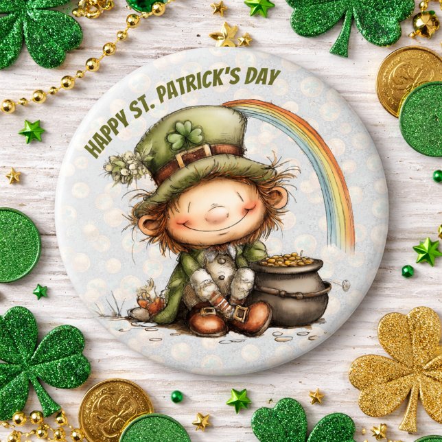 Cute Leprechaun With Pot of Gold and Rainbow 6 Cm Round Badge (Creator Uploaded)