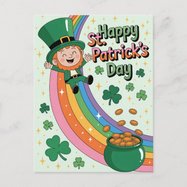 Cute Leprechaun with Rainbow St. Patrick's Day Postcard (Front)