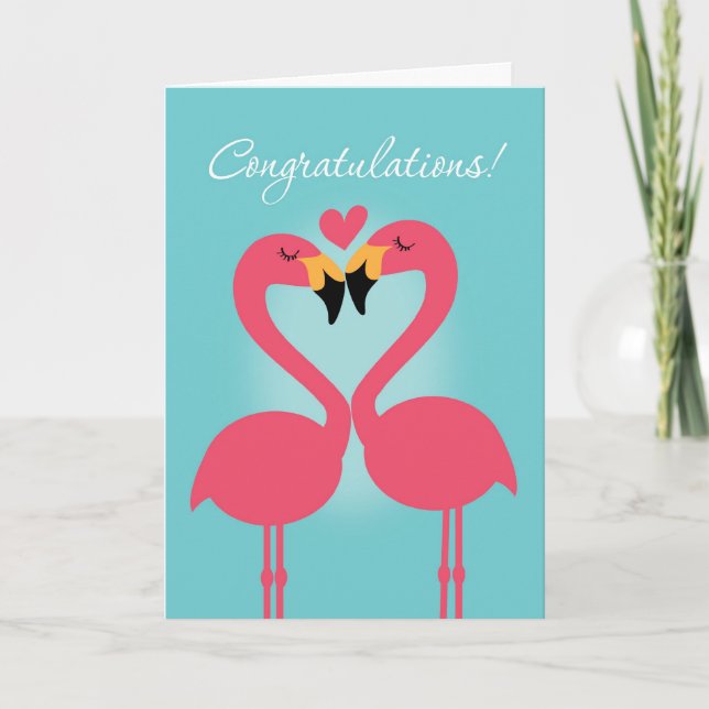 Cute Lesbian Flamingo Wedding Congratulations Card (Front)