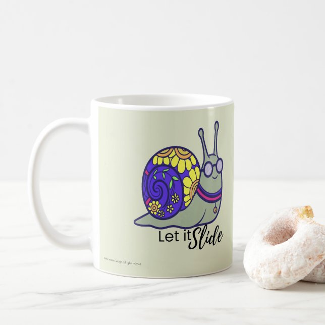 Cute Let It Slide Snail Coffee Mug – Whimsical Pun (With Donut)