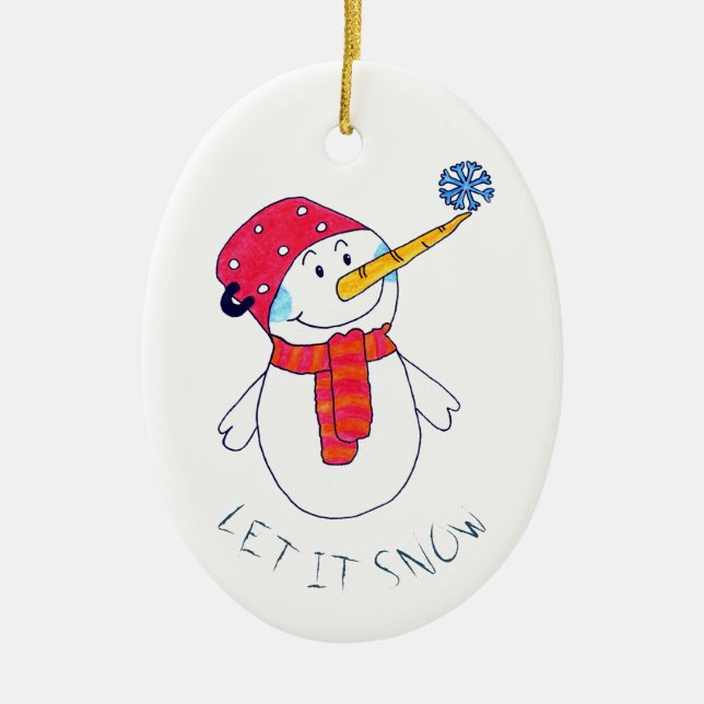Cute Let it snow Snowman with a Snowflake Ceramic Tree Decoration (Front)