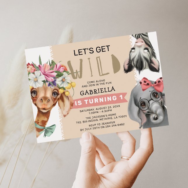 Cute Let's Get Wild Pink Jungle 1st Birthday Party Invitation (Creator Uploaded)