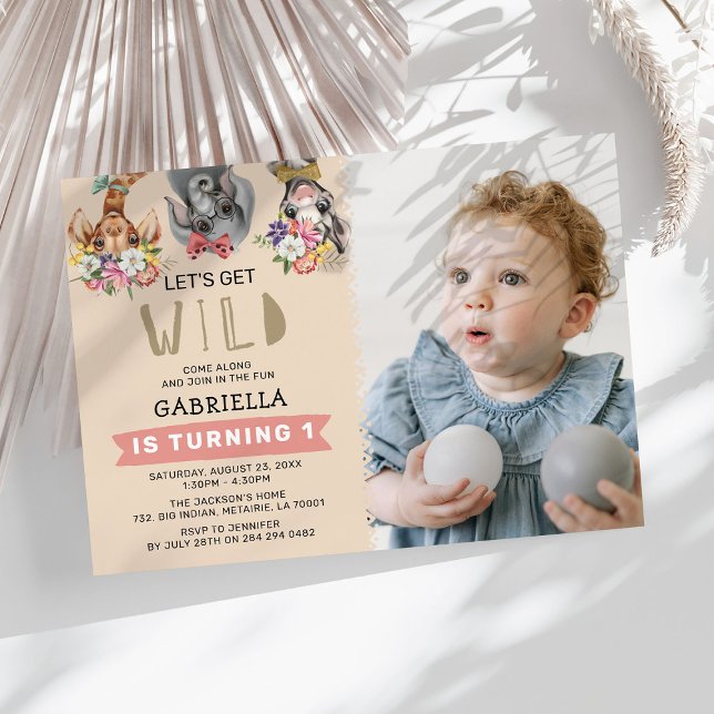 Cute Let's Get Wild Pink Jungle 1st Birthday Photo Invitation (Creator Uploaded)