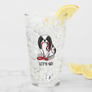 Cute Let's Go! Japanese Chin Dog (black & white 1) Glass