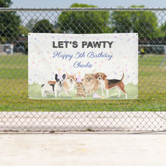 Cute Let's Pawty Blue Custom Dog Birthday Party Banner (Insitu)